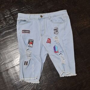 SHEIN Blue Distressed Jean Shorts with Colorful Patches